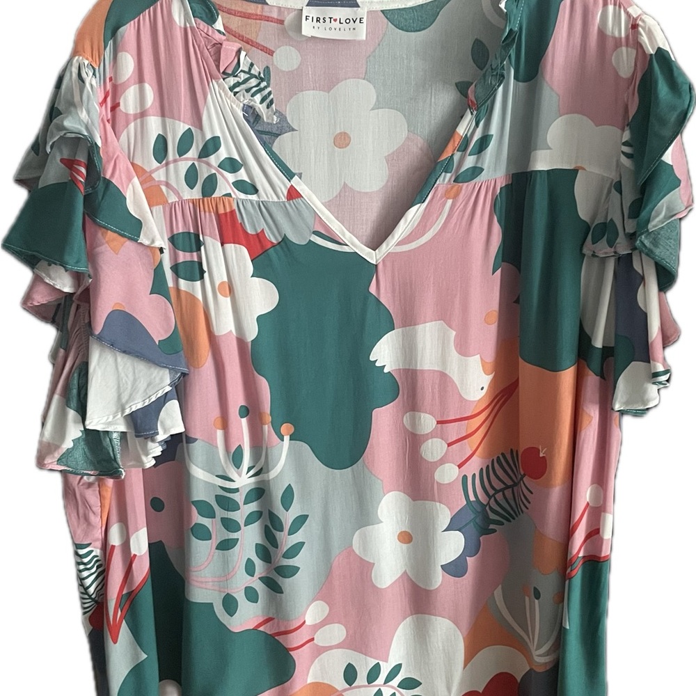 New Plus Size First Love Women's Floral Blouse - Pink, Green, and Orange